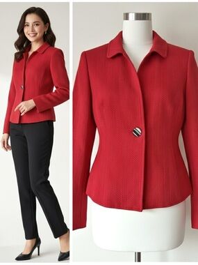 Nina McLemore Bright Red Textured Cotton One Button Blazer Silk Lined Size 2